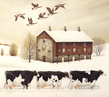  invierno pintura - vacas y ánades reales en invierno